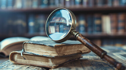 Antique magnifying glass on old books. Vintage magnifying glass resting on antique books in a library, suggesting research, history, and the pursuit of knowledge.