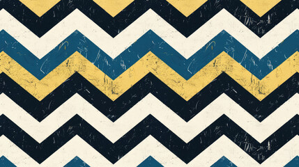 Textured zigzag pattern featuring a distressed vintage look with a combination of mustard yellow, navy blue, and white hues, perfect for backgrounds or retrothemed designs