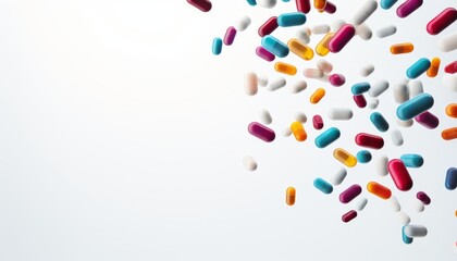 Colorful capsules and tablets falling against a white background, representing medicine, healthcare, and pharmaceutical industry concepts.
