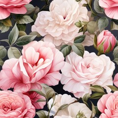Obraz premium Beautiful seamless floral pattern featuring pink and white roses with green leaves on a dark background, perfect for fabric and wallpaper designs.