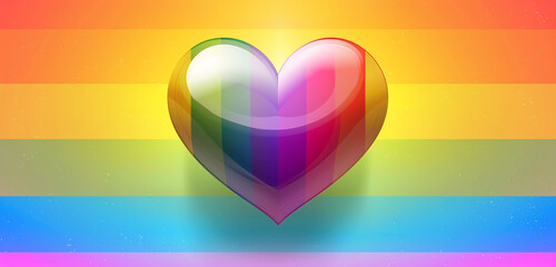 Bright rainbow heart on an ultra-wide gradient background of Pride colors.