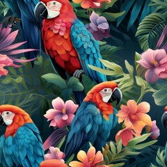 Obraz premium Colorful parrots and tropical flowers create a vibrant jungle-themed pattern ideal for backgrounds and decorative designs.
