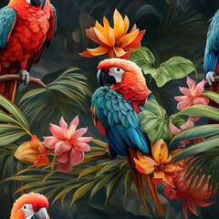 Fototapeta premium Colorful parrots perched on branches in a tropical forest with vibrant flowers and lush green foliage in the background.