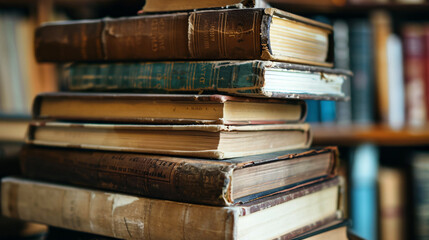 Stack of vintage books. Close-up of a stack of old, weathered books, capturing the beauty and history of literature.