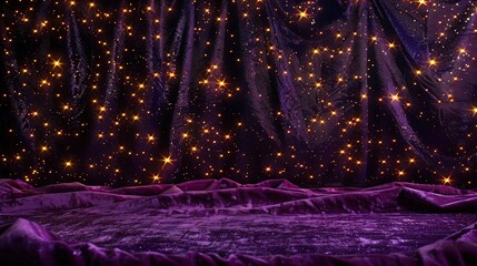 A striking image featuring a deep purple background illuminated by delicate golden lights, arranged in an abstract, swirling pattern.