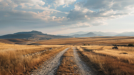 Golden field dirt road landscape. Scenic view of a winding dirt road through a golden field, leading towards distant mountains under a cloudy sky.