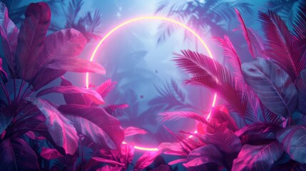Obraz premium Neon round frame with tropical leaves and plants. Neon circle frame