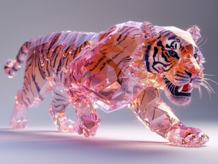 3D super cute running tiger made of clear diamonds, shiny translucent, simple bright clear background with diamond texture, light reflection effect, high resolution, detailed texture, sparkling effect