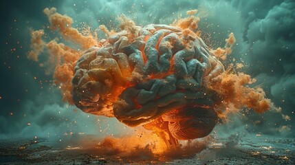 Concept of human brain glowing on particle with explosion splashes background