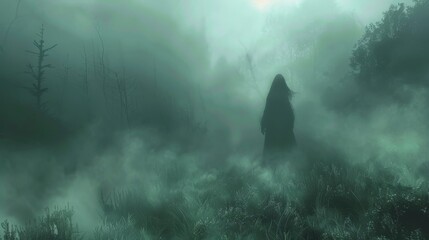 A ghostly figure appears in a misty forest, blending into the surroundings, representing the elusive nature of the supernatural.