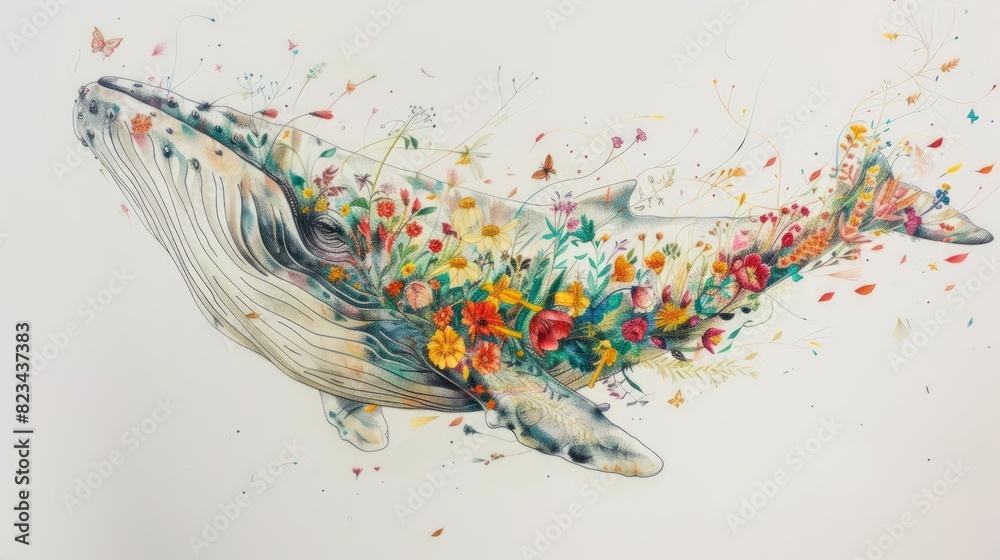 Wall mural drawing whale on beige background with flowers - Wall murals