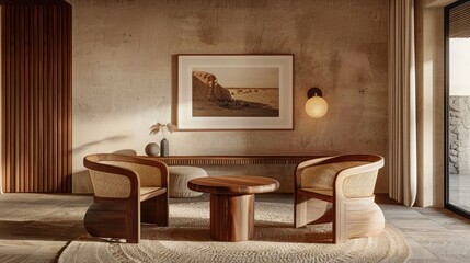 A mockup interior design of a modern wood panel home, featuring a wood-framed minimalist art print hanging on a beige wall.