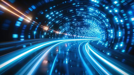 Slick, glossy black surfaces intersected by glowing Navy Blue and Coral neon lines, conveying a highspeed data network in motion