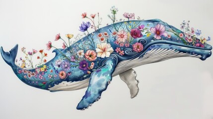 Obraz premium Drawing whale on beige background with flowers
