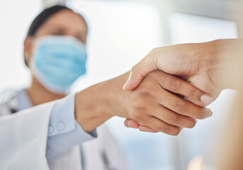 Doctor, woman and handshake for congratulation on protection, commitment and passion for career....