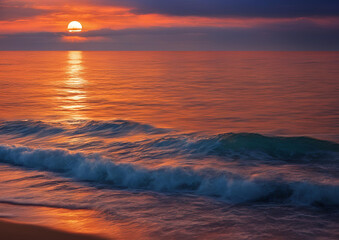 Fototapeta premium Ocean View at Sunset_ Sky Ablaze with Orange Hues Above the Tranquil Blue Sea.