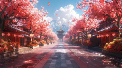 Street lined with red trees and lanterns. Generative AI