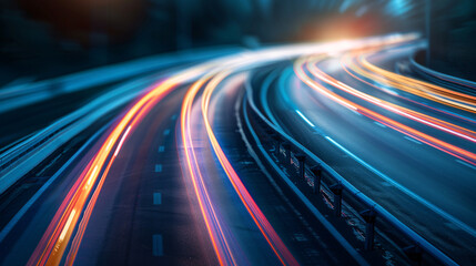 Light trails on highway at night. Long exposure photography of car light trails on the highway at night, creating a sense of speed and motion.