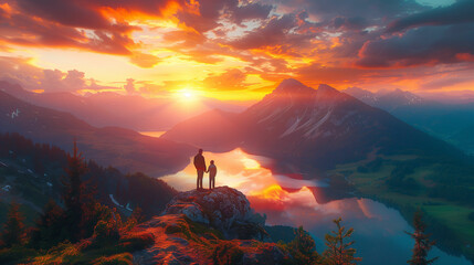 Two people standing on top of a mountain at sunset. Generative AI