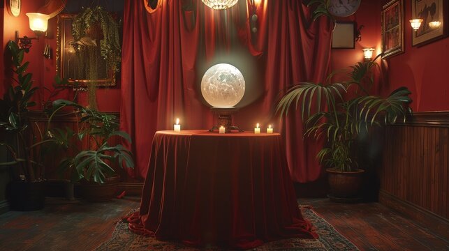 A seance table covered in a velvet cloth, with candles flickering and a crystal ball at its center, evoking a sense of mystery and spiritual exploration.