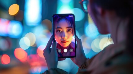 Young girl on video call using smart phone cell phone mockup
