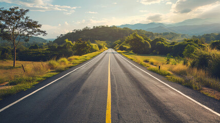 Obraz premium Open road to the mountains. Scenic view of an empty asphalt road leading towards rolling hills and mountains, bathed in warm evening sunlight.