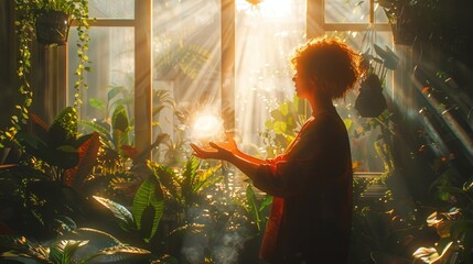A spiritual healer, standing in a sunlit room filled with plants and crystals, their hands extended towards a person sitting before them, bathed in a warm, healing light.
