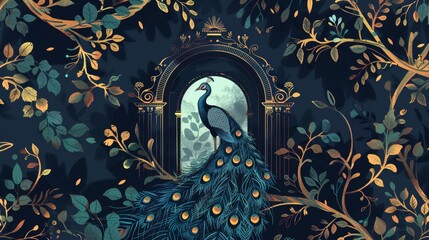 A seamless modern illustration of a garden temple, arch, peacock, plant, and bird on a dark background