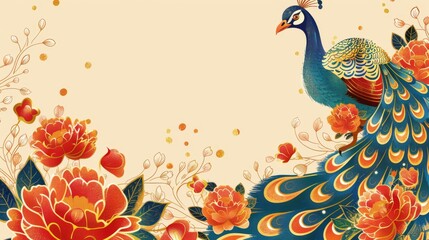 Obraz premium Modern illustration for invitation borders featuring decorative Mughal ethnic motif, peacock, fantasy flowers and retro, vintage design