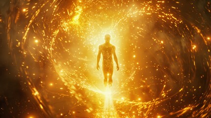 A surreal image of a figure surrounded by a glowing, pulsating aura, illustrating the presence of powerful life force energy and spiritual vitality.