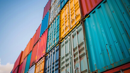 Fototapeta premium Colorful stacked shipping containers. Image of stacked colorful shipping containers, ideal for supply chain, logistics, import export, and global trade concepts.