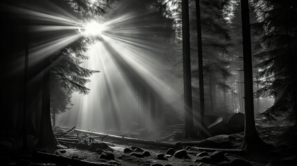 forest sun rays black and white