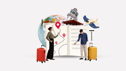 Strategic planning in international business. Man and woman planning business trip abroad....