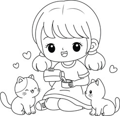 Baby girl feeding milk to cat coloring page clipart cartoon character. Children day vector illustration.