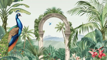 Obraz premium An arch in the garden, peacocks, palm trees, and birds modern illustration.