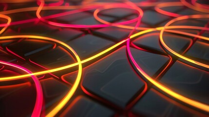 Slick, glossy black surfaces intersected by glowing Navy Blue and Coral neon lines, conveying a highspeed data network in motion