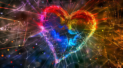 Rainbow heart caught in a web of light beams in Pride gradient colors, abstract and captivating light play.