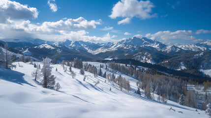 Winter wonderland. Stunning snowy mountains and frosted trees under a bright blue sky, perfect for winter and travel designs.