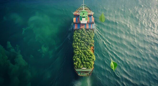 Aerial view of a container ship navigating through the ocean. The ship's cargo area is uniquely filled with lush, green trees symbolizing sustainability and the integration of nature with industry. 