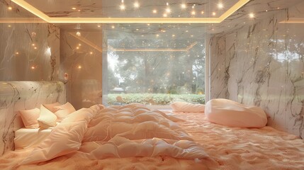 A delicately designed room with walls draped in soft pink fabric, creating a warm and inviting atmosphere.