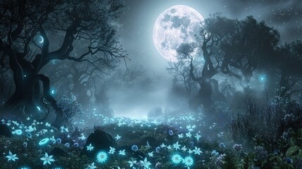 A beautiful bright  full moon casting a glowing effect in mystical effect in fairy tale night landscape forest 
