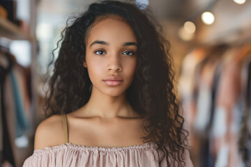 Portrait of a young woman with curly hair, wearing an off-shoulder top, in soft focus background.