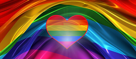 Vibrant Pride flag gradient with a rainbow heart center, wide format for ample text.