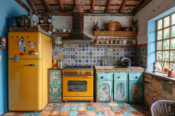 An eclectic kitchen with vintage appliances and colorful tiles