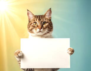 A cat grasps a white signboard with its front paws, set against a gradient backdrop transitioning from yellow to blue, leaving ample room on the sign for additional text or visuals.