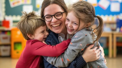 Fototapeta premium Close up photo of two happy caucasian kids in school embracing their teacher on her knees in a classroom smiling at camera