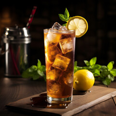 Fototapeta premium Long Island Cocktail Day with Lemon, Lemon Lime, Ice and Mint Leaves. Coctail Day on Black Background.
