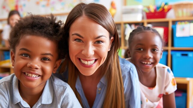 Close up photo of two happy african american kids in school embracing their caucasian teacher on her knees in a classroom smiling at camera