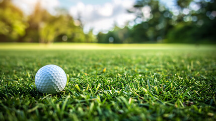 Obraz premium Golf ball on green with sunlit trees. Scenic view of a golf ball on a vibrant green fairway, ready for the next shot on a sunny day.