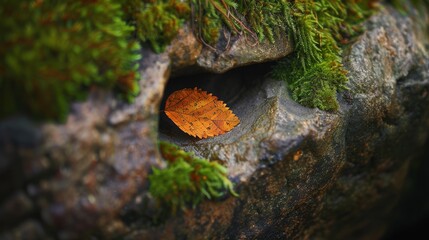 Yellow leaf on mossy rocks in autumn forest